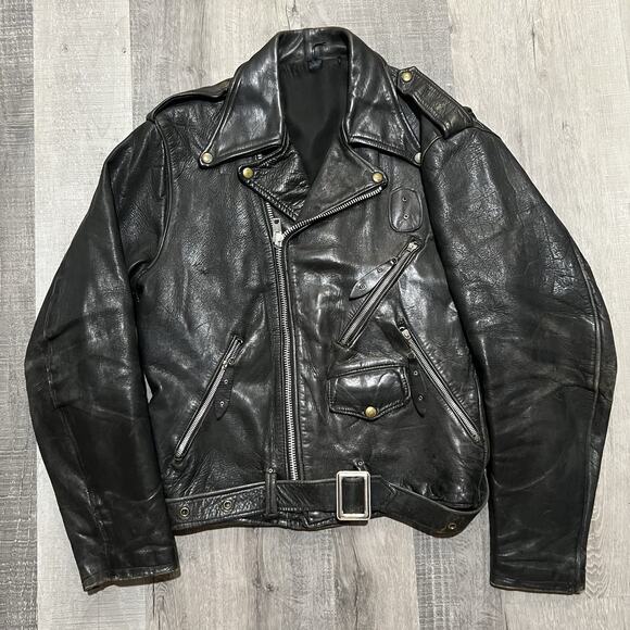 VTG Double Riders Heavy Black Leather 60s/70s Motorcycle Belted Biker Greaser - Picture 1 of 6